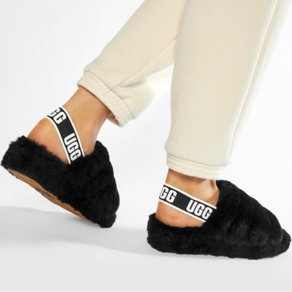 UGG “Fluff Yeah” Black Fluffy Sheepskin Slides Sandal Logo Branded Strap | 7 - Picture 3 of 10